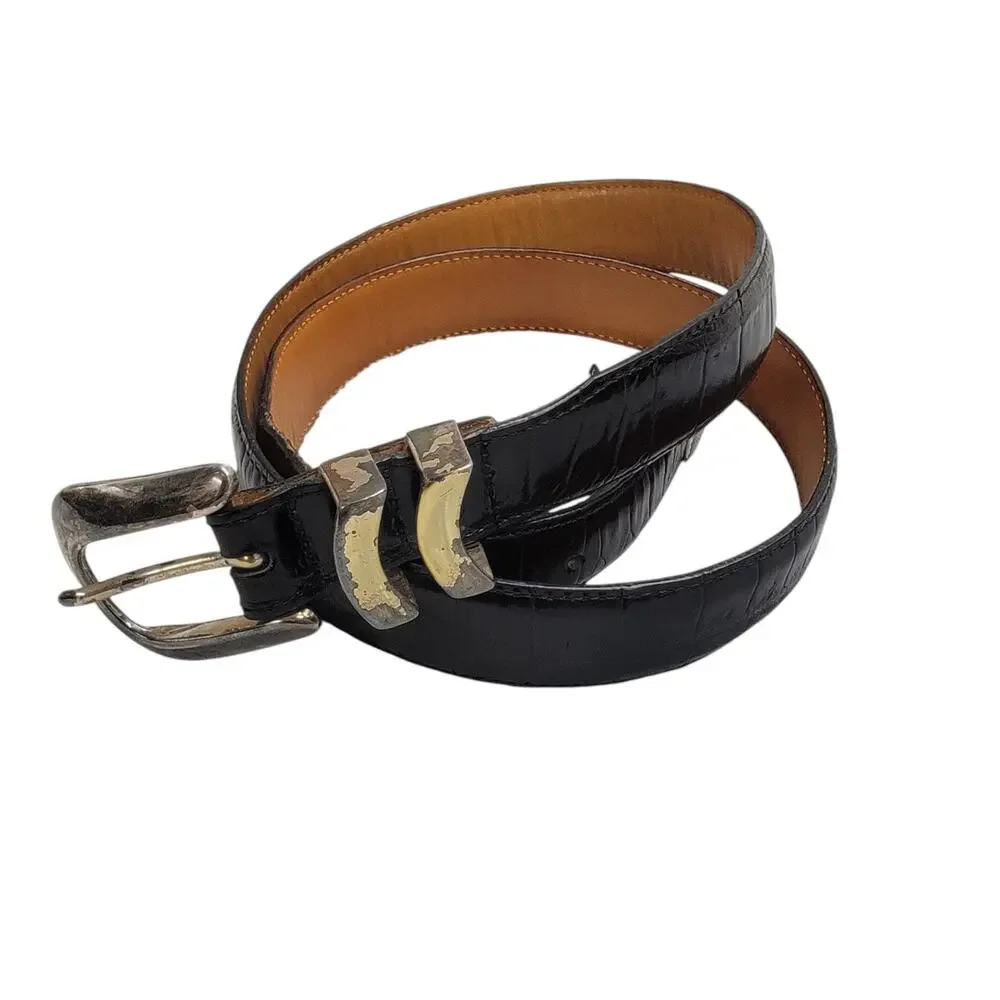 Vintage Brighton Onyx Mens Black Leather Belt Size 40 Croc Embossed USA Made